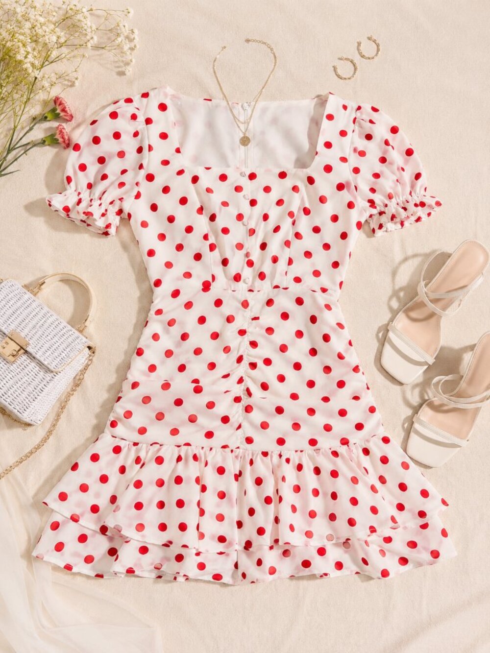 Polka Dot Puff Sleeve Mini Dress – Size Small